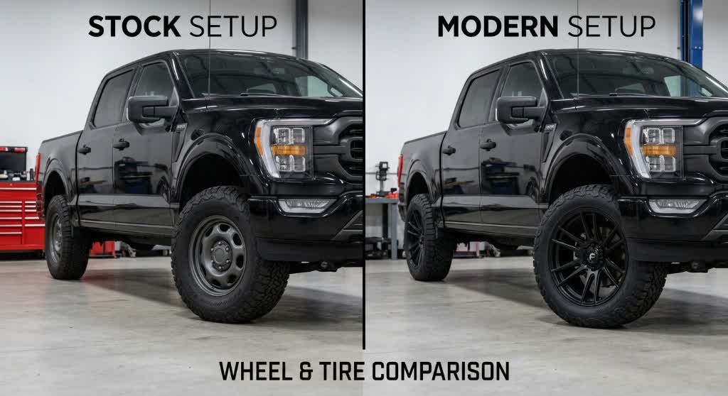 Stock truck wheel and tire beside a larger modern wheel with a shorter sidewall and a similar overall diameter.