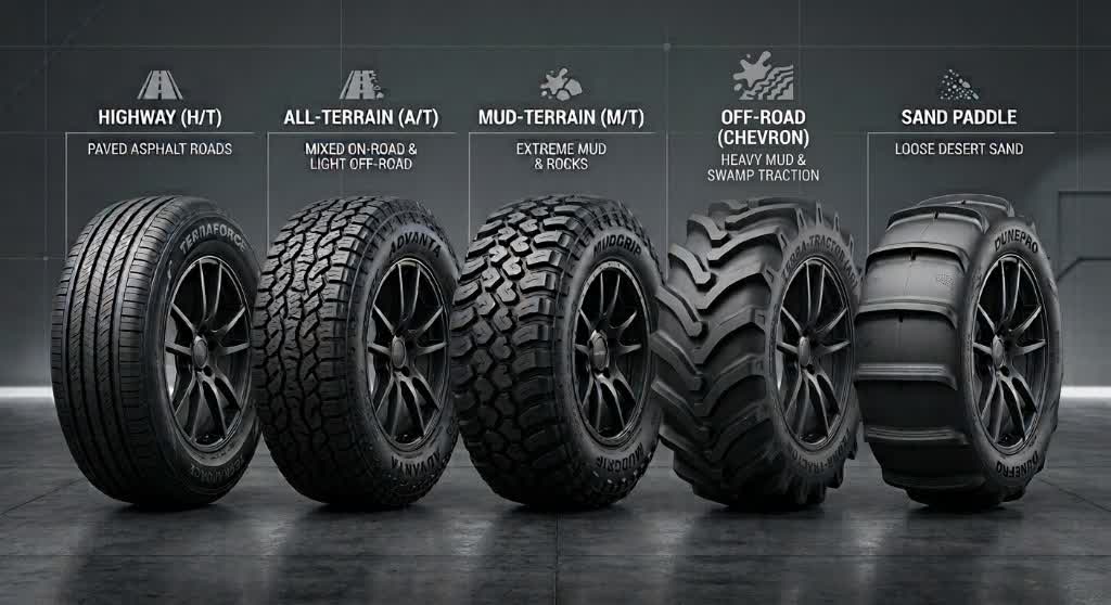Five tire types by surface: highway H/T for paved asphalt, all-terrain A/T for mixed roads, mud-terrain M/T for extreme mud and rocks, off-road chevron for heavy mud and swamp, and sand paddle for loose desert sand.