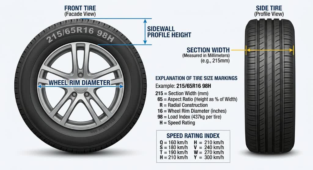 How to read a tire size: section width, sidewall height, rim diameter, load index, and speed rating on 215/65R16 98H.