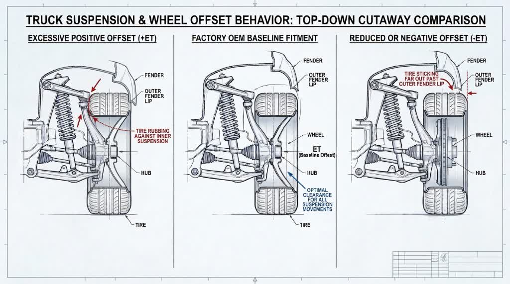 Top-down truck suspension diagram comparing excessive positive offset, factory offset, and reduced or negative offset.