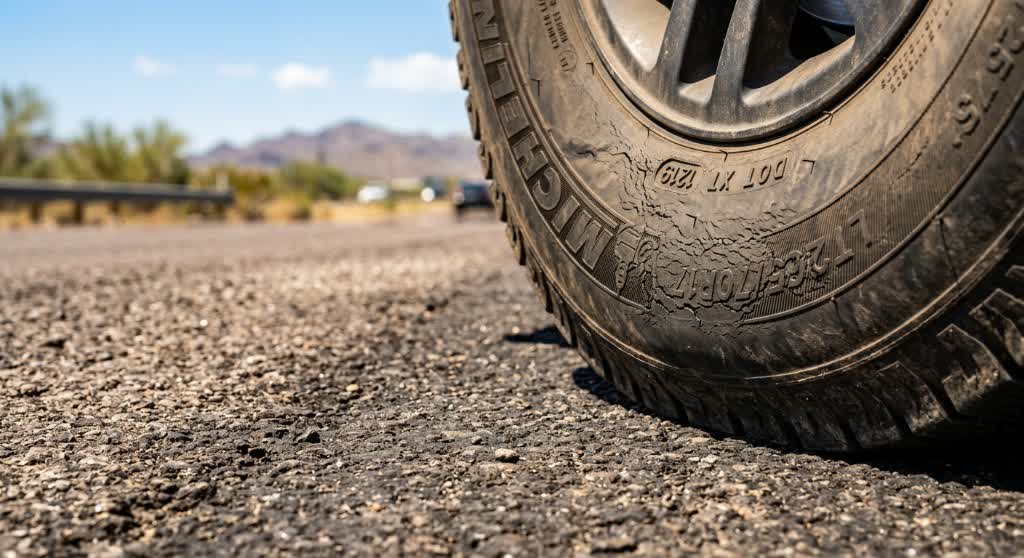 Cracked tire sidewall on desert asphalt, with mountains and a clear sky behind the wheel.